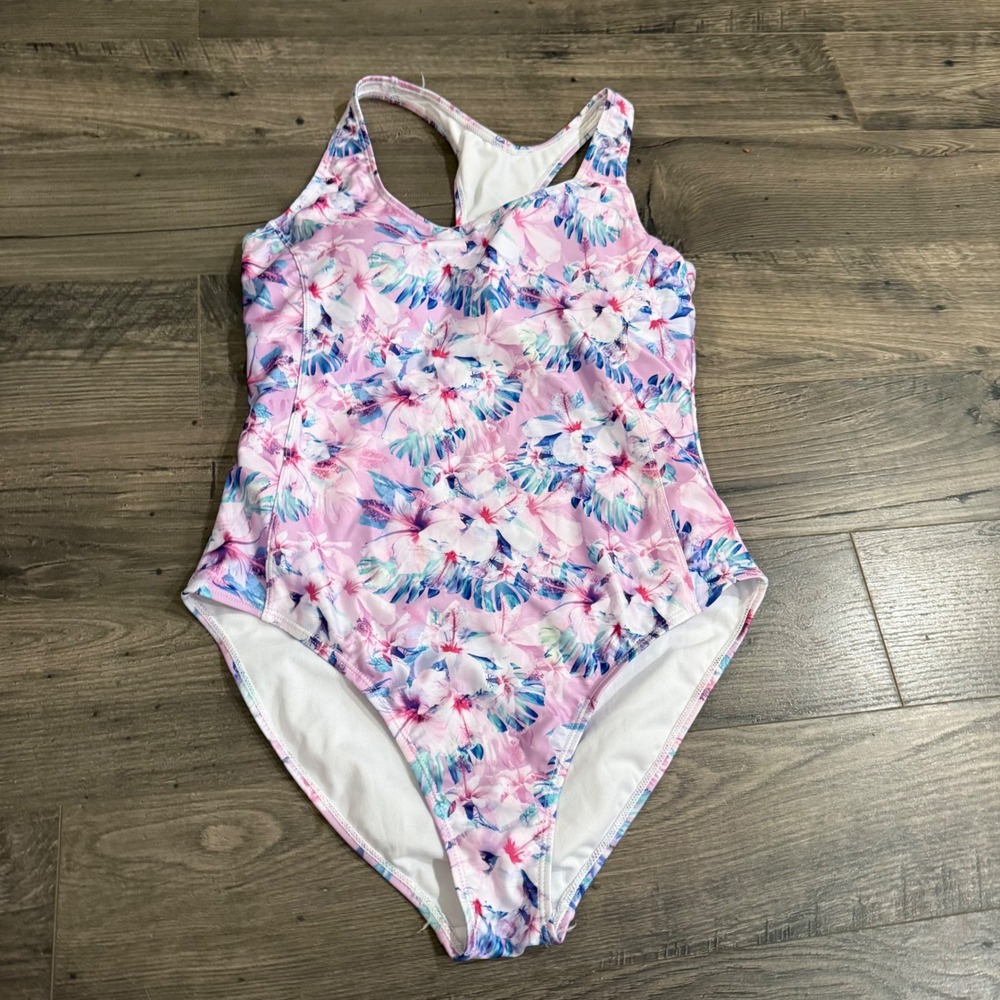 Nicole Miller Studio Womens Pink Floral Racerback One Piece Swimsuit Size L